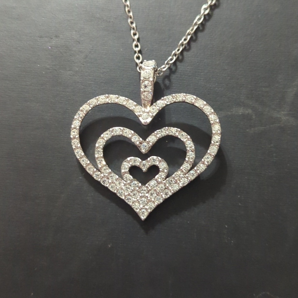 Vintage Nolan Miller Silver Tone Pave Rhinestone Triple Heart Pendant Necklace